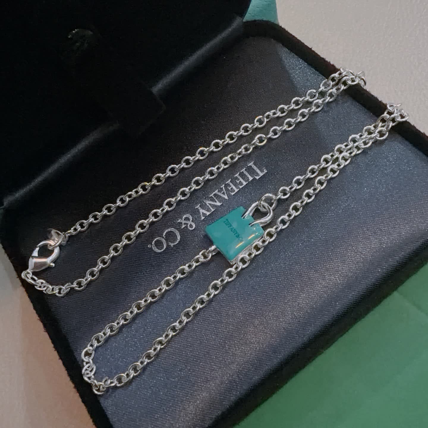 Tiffany & Co. Blue Enamel Lock Charm Necklace